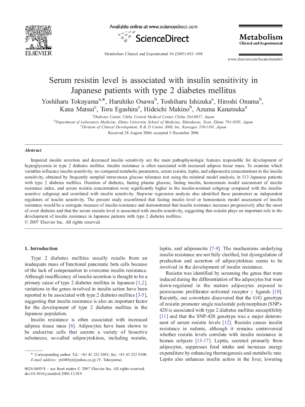 Serum resistin level is associated with insulin sensitivity in Japanese patients with type 2 diabetes mellitus