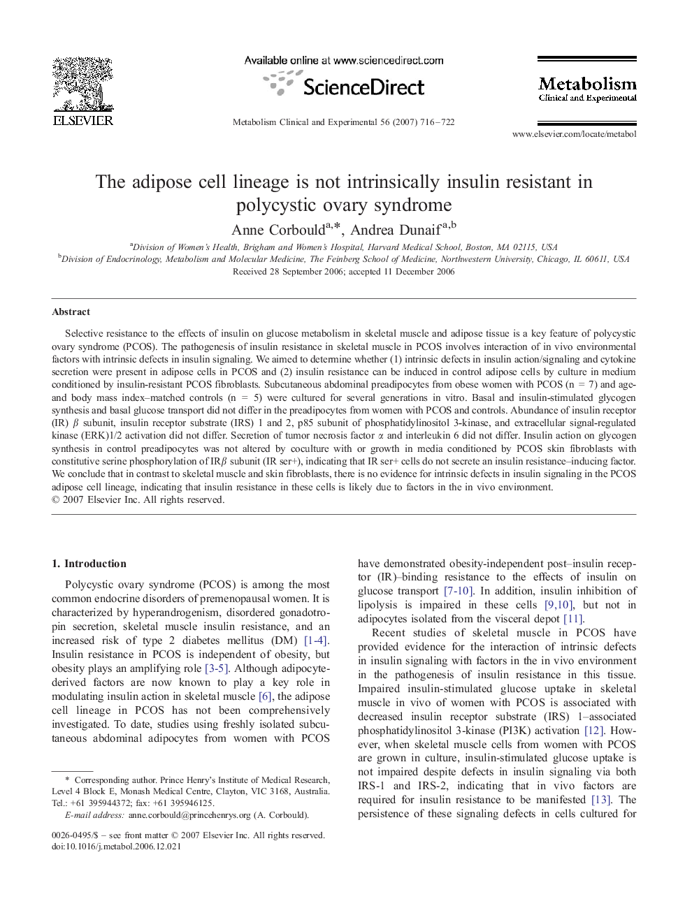 The adipose cell lineage is not intrinsically insulin resistant in polycystic ovary syndrome