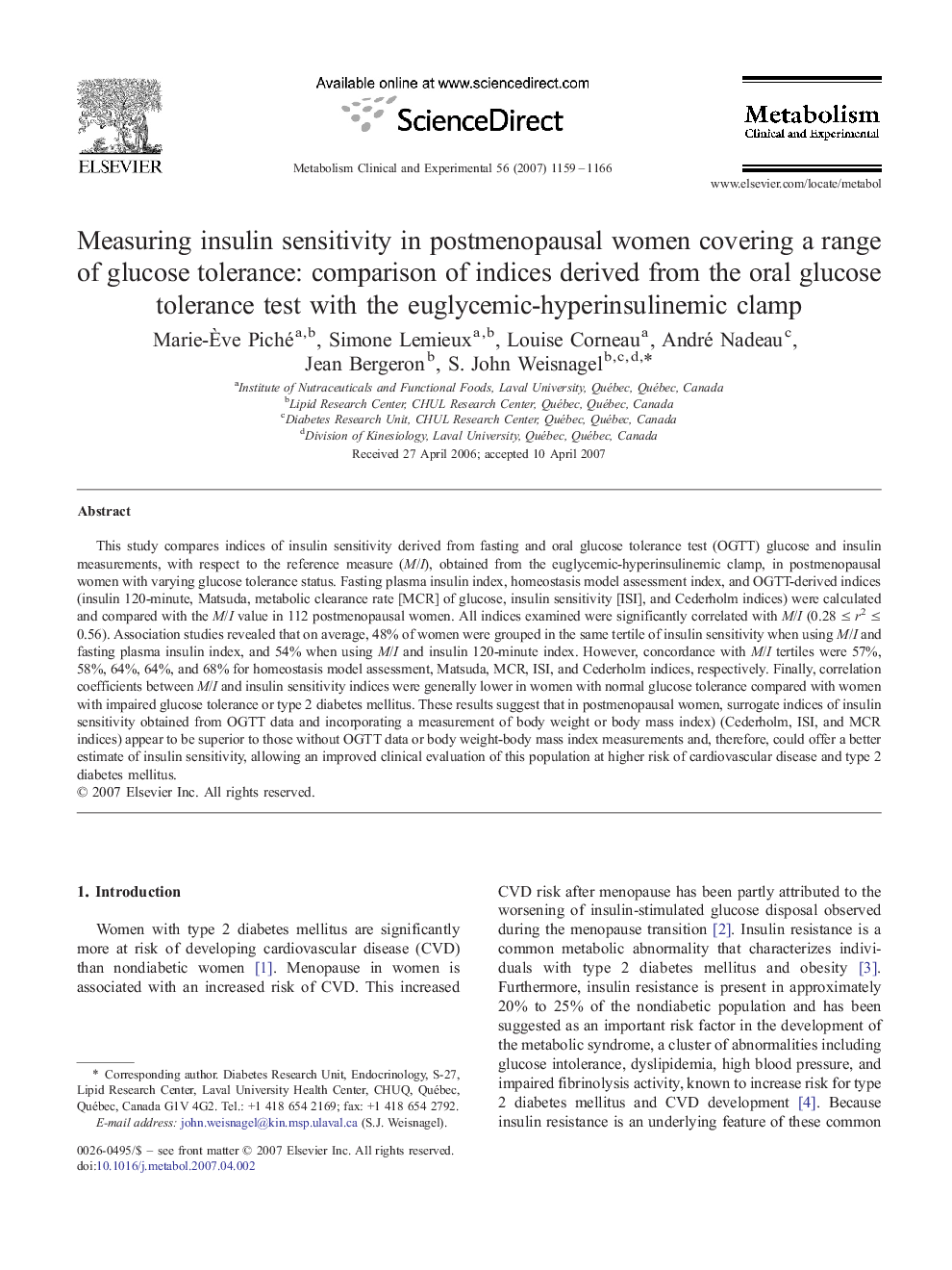 Measuring insulin sensitivity in postmenopausal women covering a range of glucose tolerance: comparison of indices derived from the oral glucose tolerance test with the euglycemic-hyperinsulinemic clamp