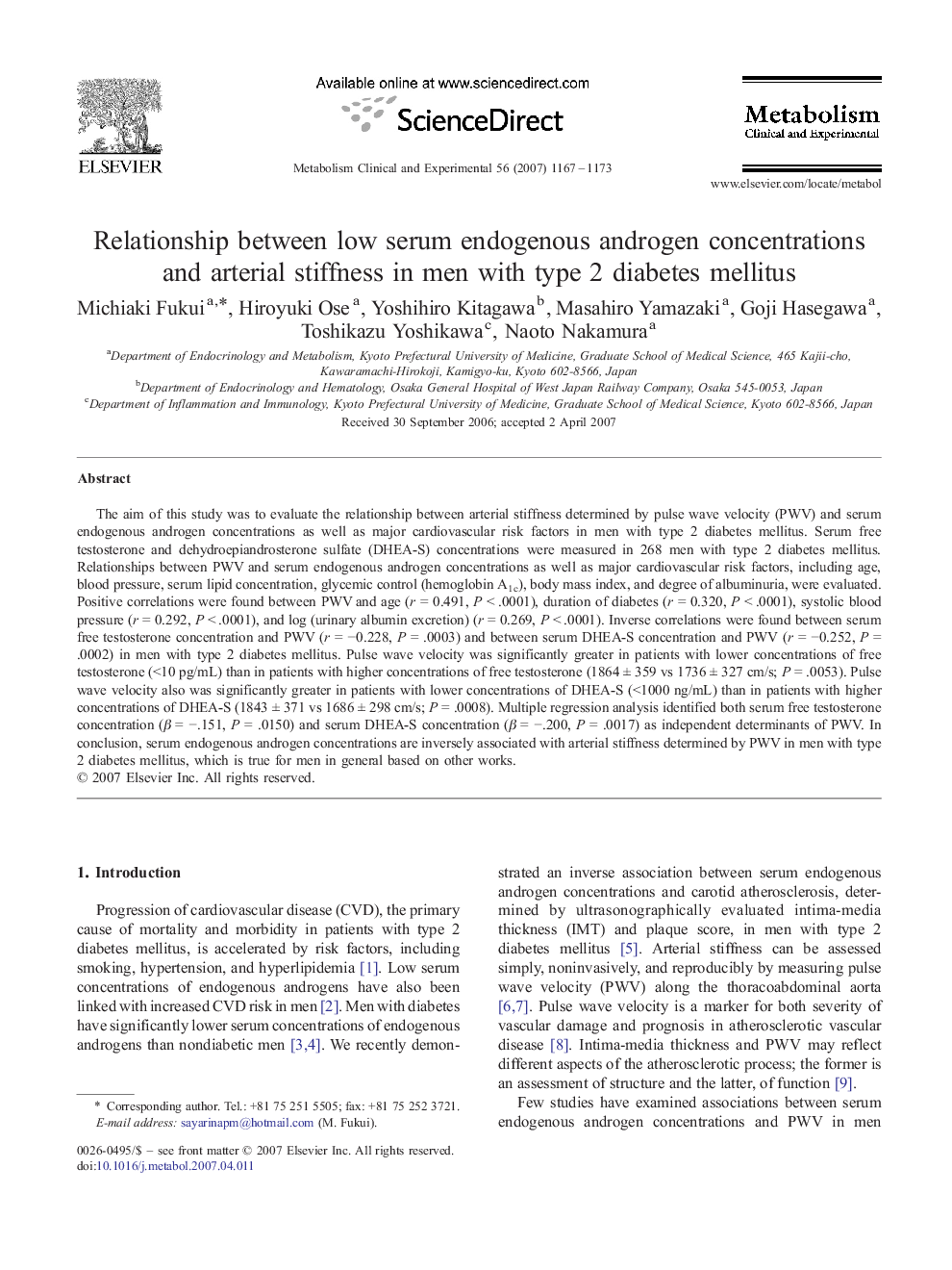 Relationship between low serum endogenous androgen concentrations and arterial stiffness in men with type 2 diabetes mellitus