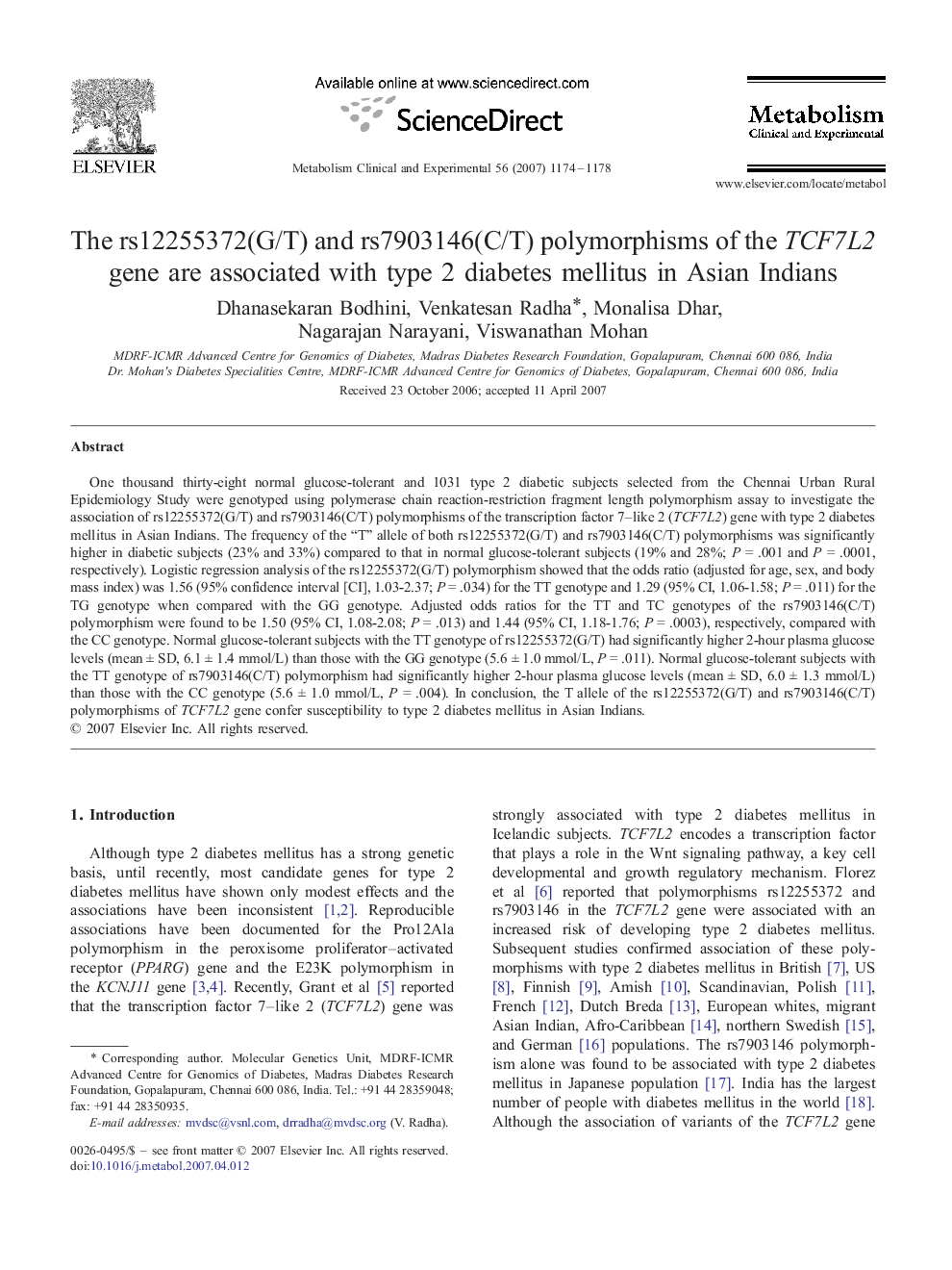 The rs12255372(G/T) and rs7903146(C/T) polymorphisms of the TCF7L2 gene are associated with type 2 diabetes mellitus in Asian Indians