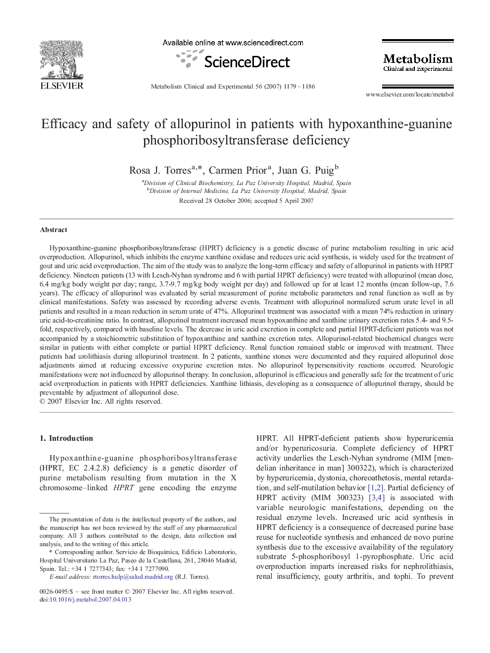 Efficacy and safety of allopurinol in patients with hypoxanthine-guanine phosphoribosyltransferase deficiency 