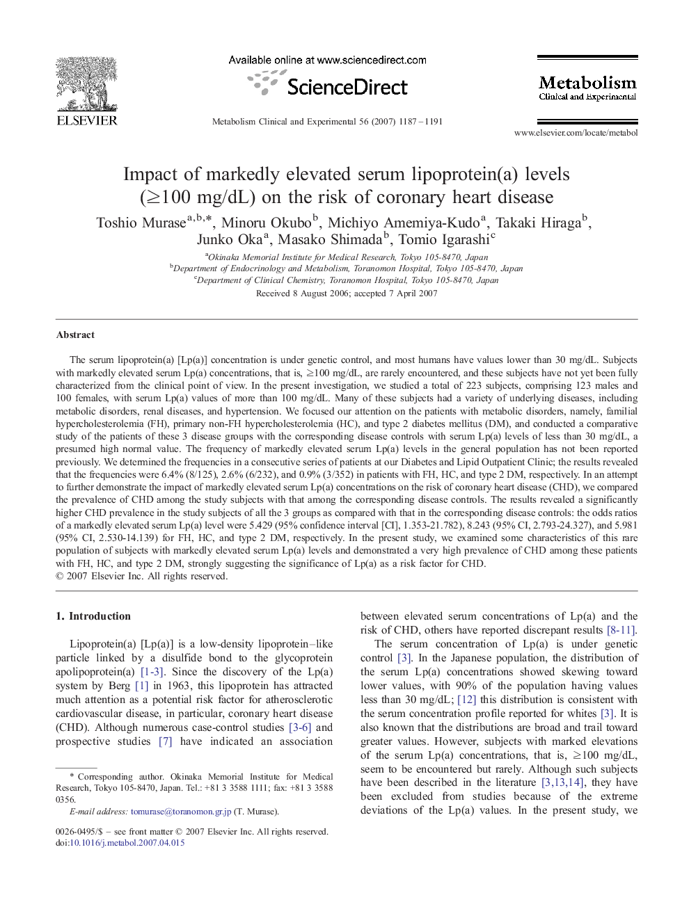 Impact of markedly elevated serum lipoprotein(a) levels (≥100 mg/dL) on the risk of coronary heart disease