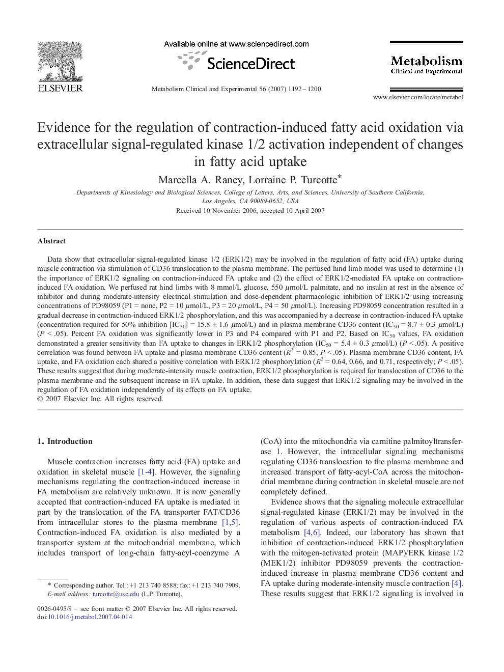 Evidence for the regulation of contraction-induced fatty acid oxidation via extracellular signal-regulated kinase 1/2 activation independent of changes in fatty acid uptake