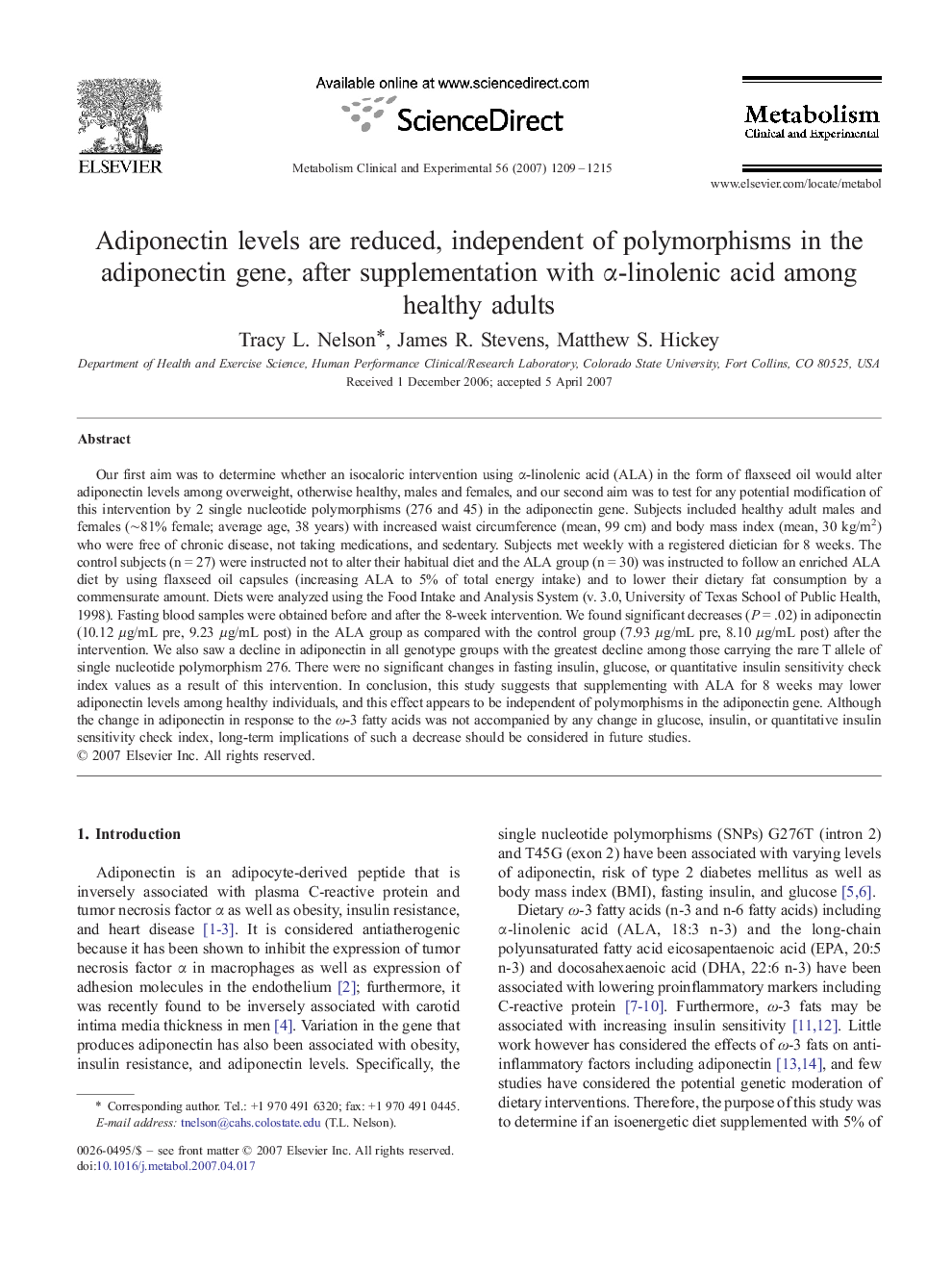 Adiponectin levels are reduced, independent of polymorphisms in the adiponectin gene, after supplementation with α-linolenic acid among healthy adults