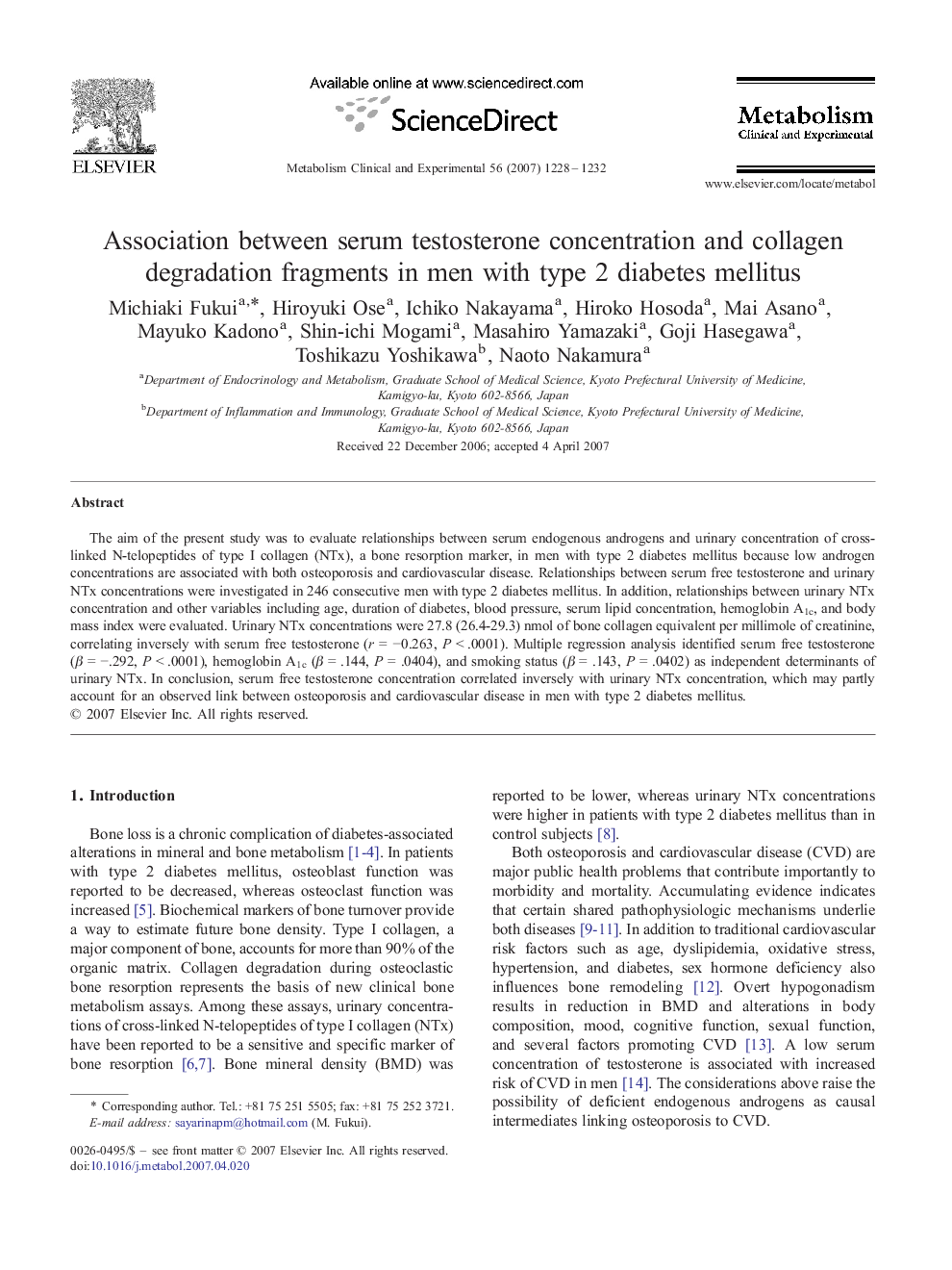 Association between serum testosterone concentration and collagen degradation fragments in men with type 2 diabetes mellitus