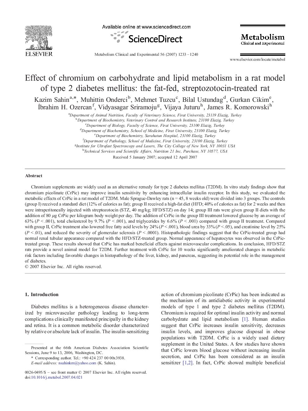 Effect of chromium on carbohydrate and lipid metabolism in a rat model of type 2 diabetes mellitus: the fat-fed, streptozotocin-treated rat