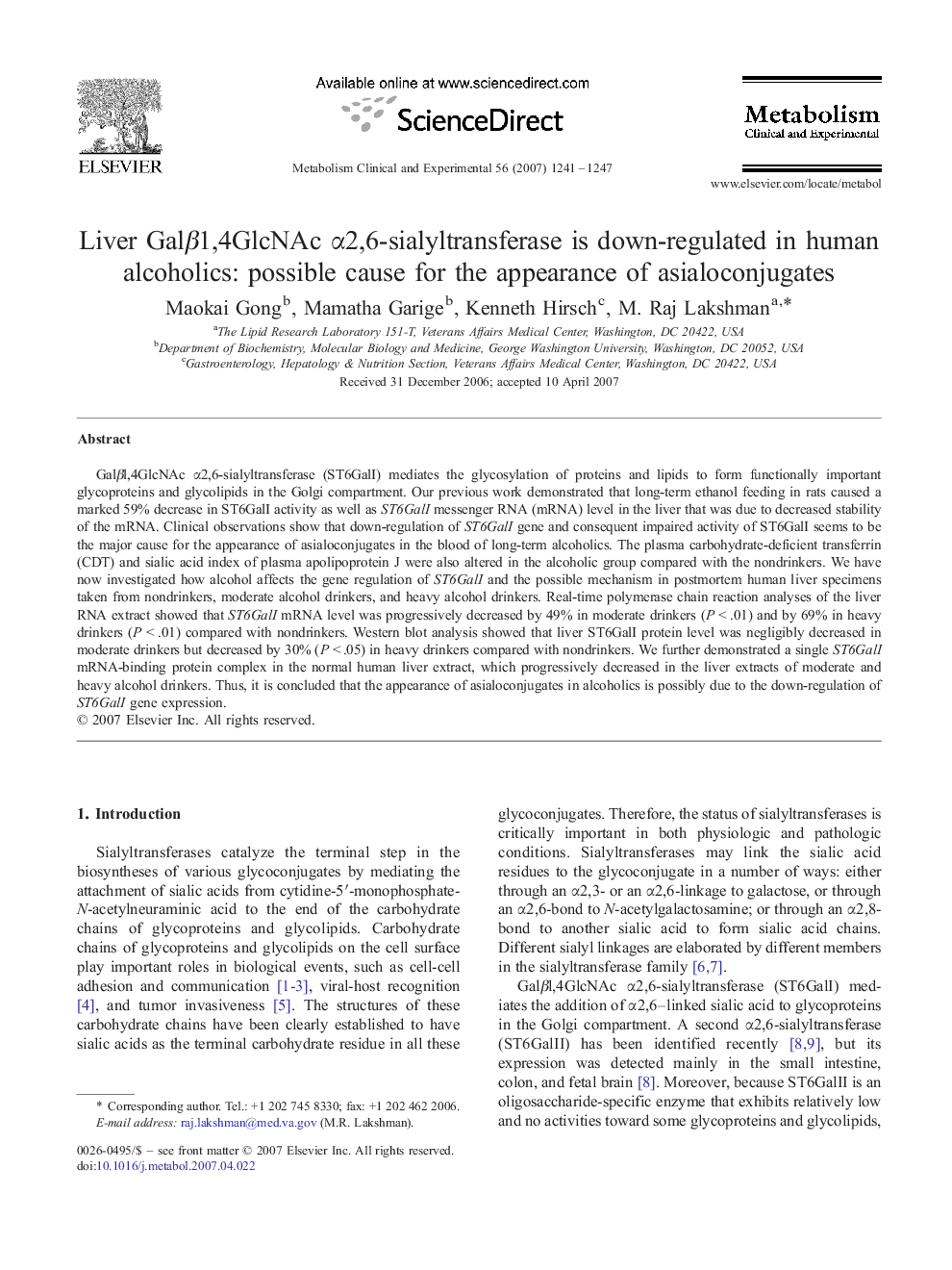 Liver GalÎ²1,4GlcNAc Î±2,6-sialyltransferase is down-regulated in human alcoholics: possible cause for the appearance of asialoconjugates
