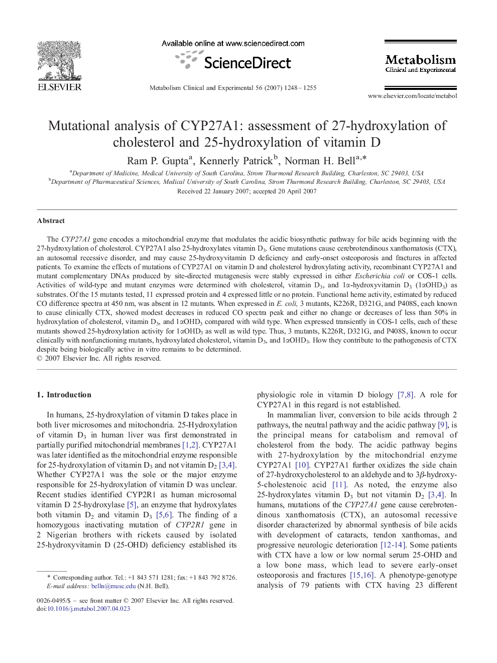 Mutational analysis of CYP27A1: assessment of 27-hydroxylation of cholesterol and 25-hydroxylation of vitamin D