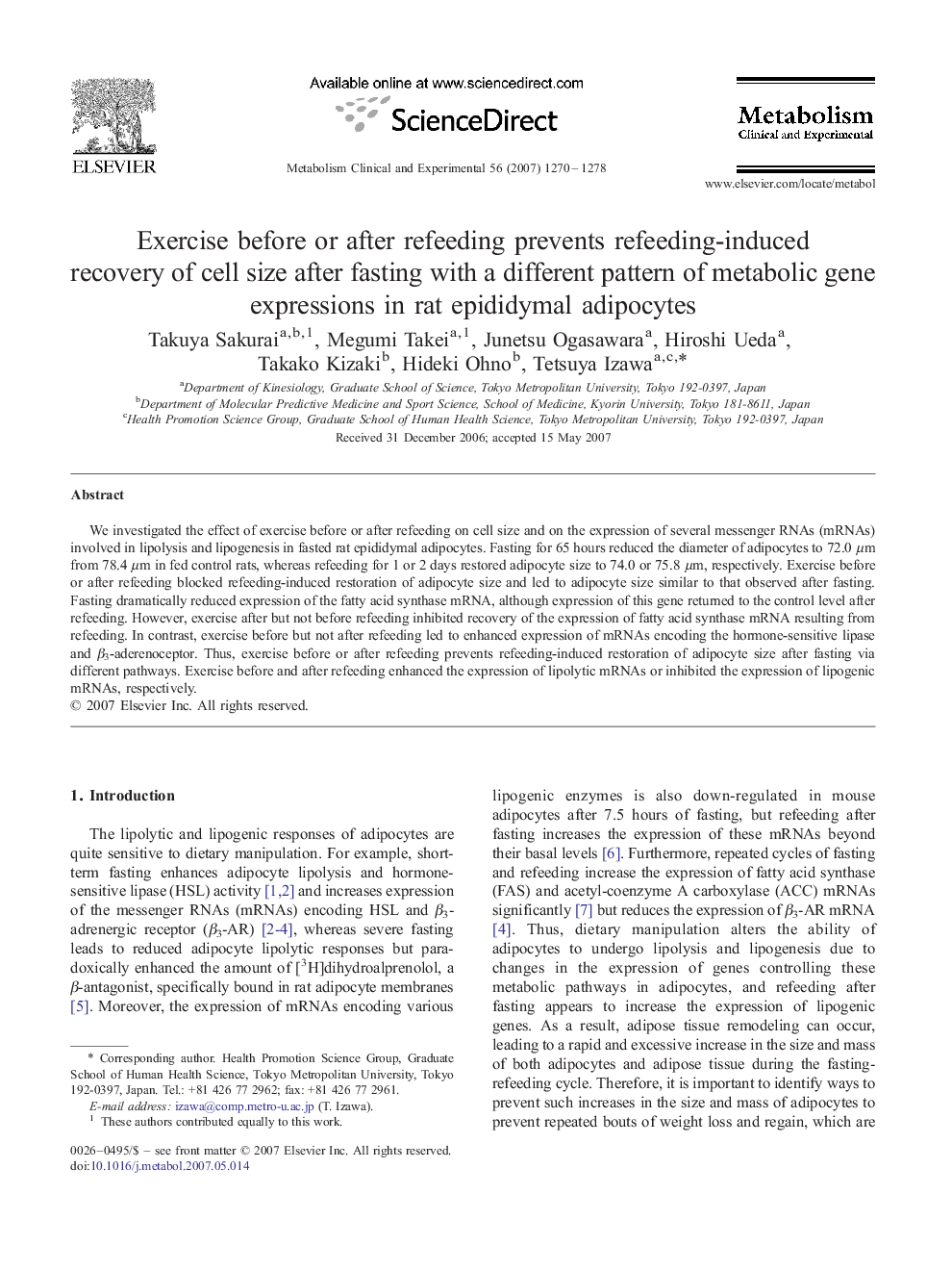 Exercise before or after refeeding prevents refeeding-induced recovery of cell size after fasting with a different pattern of metabolic gene expressions in rat epididymal adipocytes