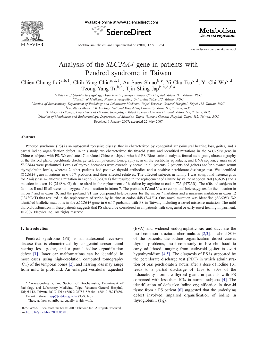 Analysis of the SLC26A4 gene in patients with Pendred syndrome in Taiwan