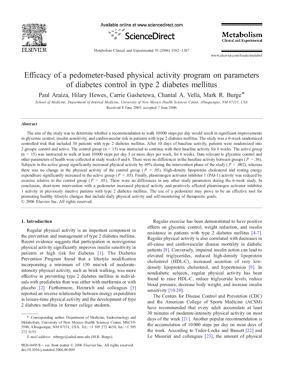 Efficacy of a pedometer-based physical activity program on parameters of diabetes control in type 2 diabetes mellitus