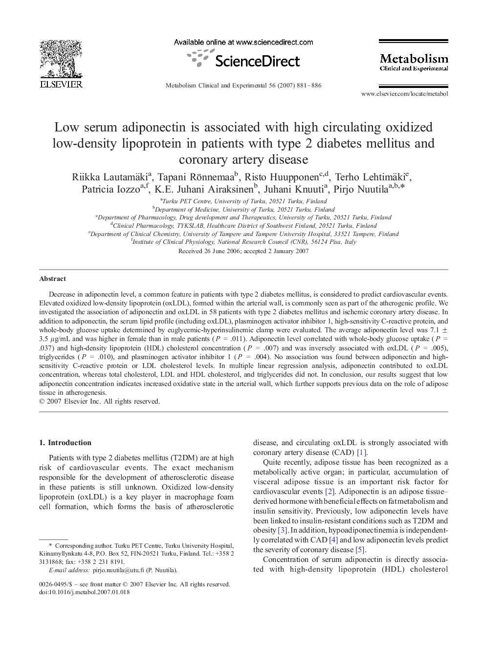Low serum adiponectin is associated with high circulating oxidized low-density lipoprotein in patients with type 2 diabetes mellitus and coronary artery disease