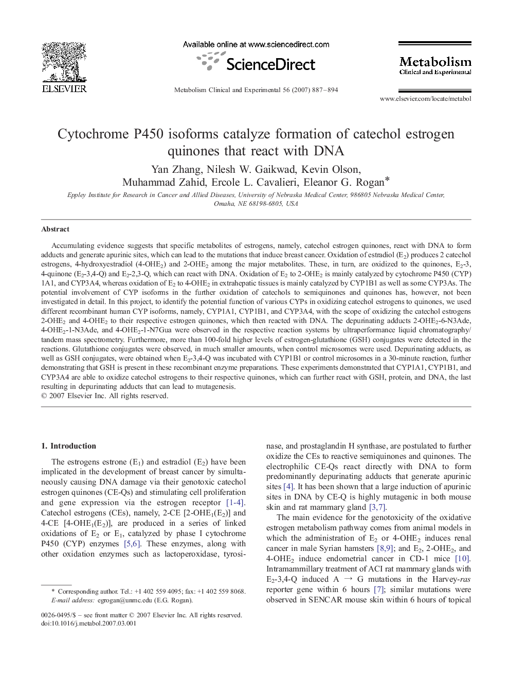 Cytochrome P450 isoforms catalyze formation of catechol estrogen quinones that react with DNA