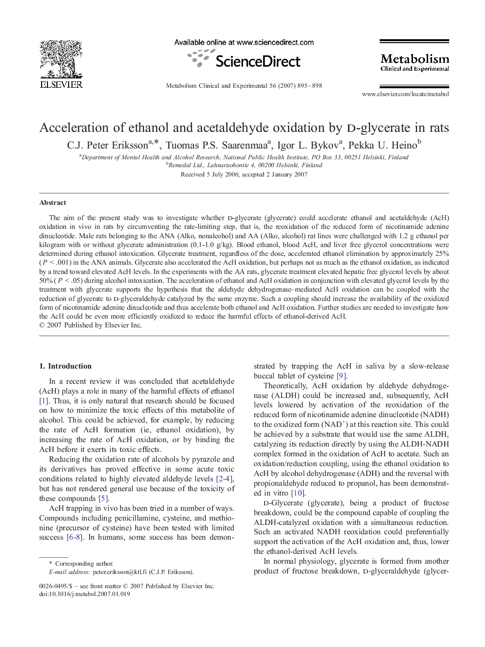 Acceleration of ethanol and acetaldehyde oxidation by d-glycerate in rats