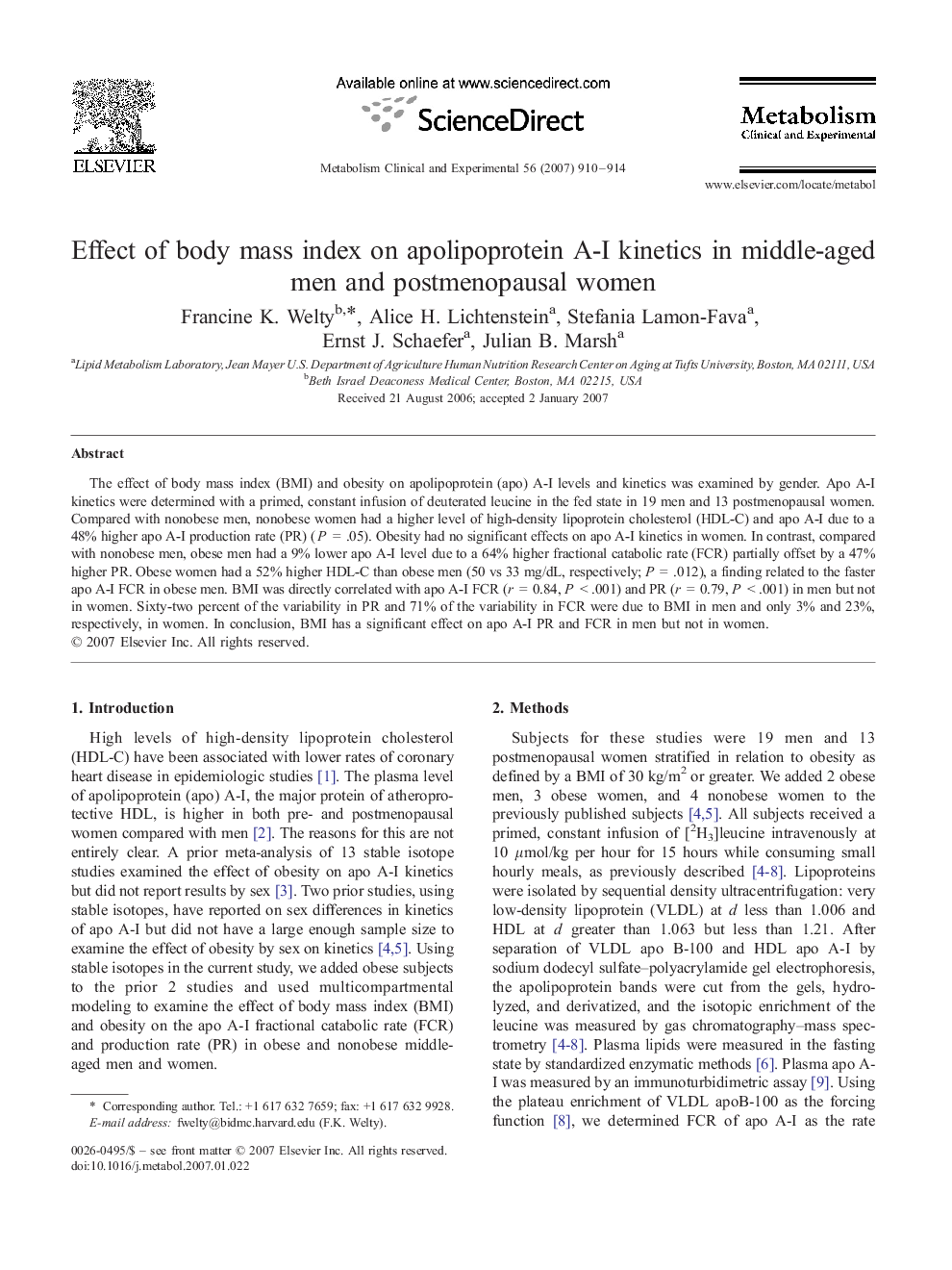 Effect of body mass index on apolipoprotein A-I kinetics in middle-aged men and postmenopausal women