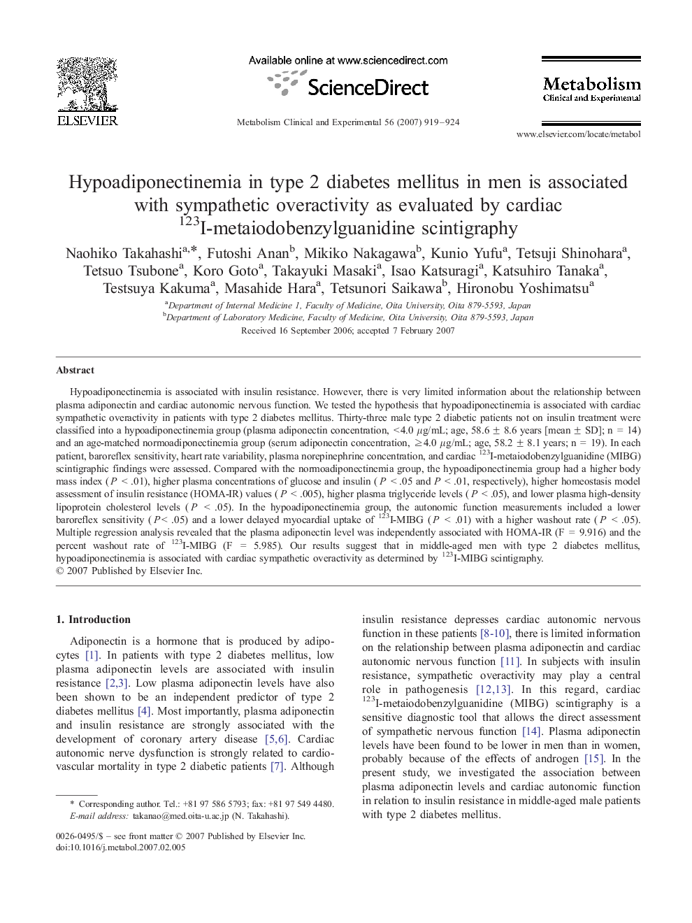 Hypoadiponectinemia in type 2 diabetes mellitus in men is associated with sympathetic overactivity as evaluated by cardiac 123I-metaiodobenzylguanidine scintigraphy