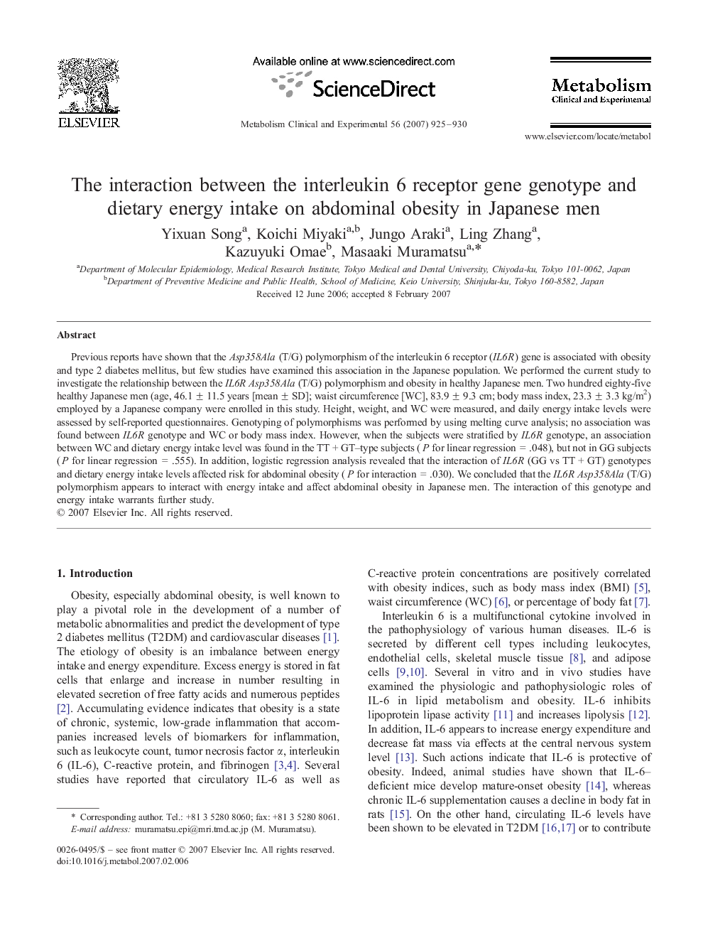 The interaction between the interleukin 6 receptor gene genotype and dietary energy intake on abdominal obesity in Japanese men