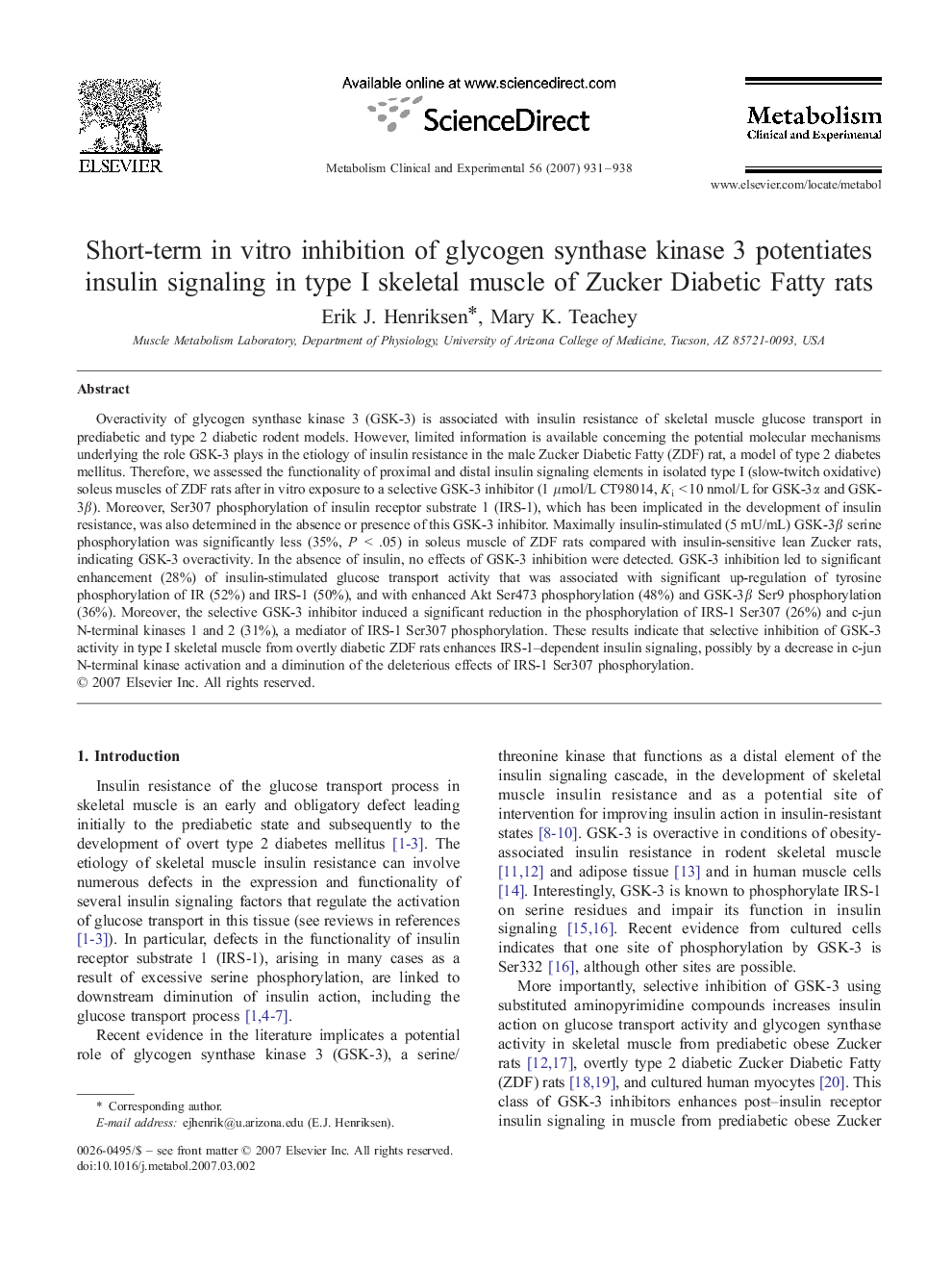 Short-term in vitro inhibition of glycogen synthase kinase 3 potentiates insulin signaling in type I skeletal muscle of Zucker Diabetic Fatty rats