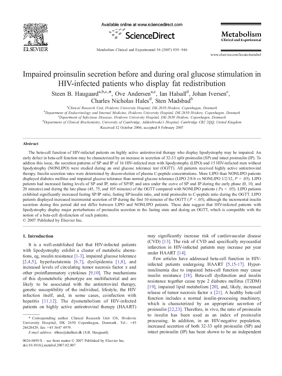Impaired proinsulin secretion before and during oral glucose stimulation in HIV-infected patients who display fat redistribution