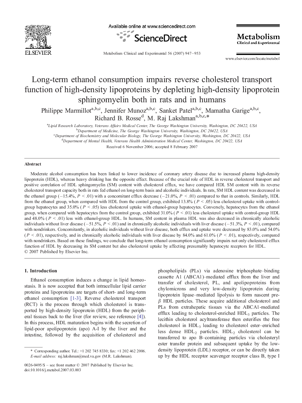 عکس صفحه اول مقاله: Long-term ethanol consumption impairs reverse cholesterol transport function of high-density lipoproteins by depleting high-density lipoprotein sphingomyelin both in rats and in humans Long-term ethanol consumption impairs reverse cholesterol transport function of high-density lipoproteins by depleting high-density lipoprotein sphingomyelin both in rats and in humans