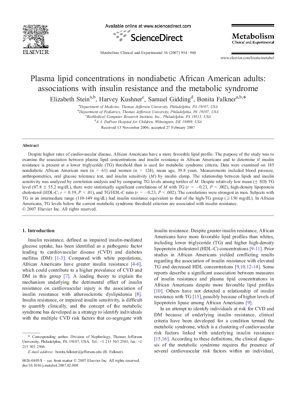Plasma lipid concentrations in nondiabetic African American adults: associations with insulin resistance and the metabolic syndrome