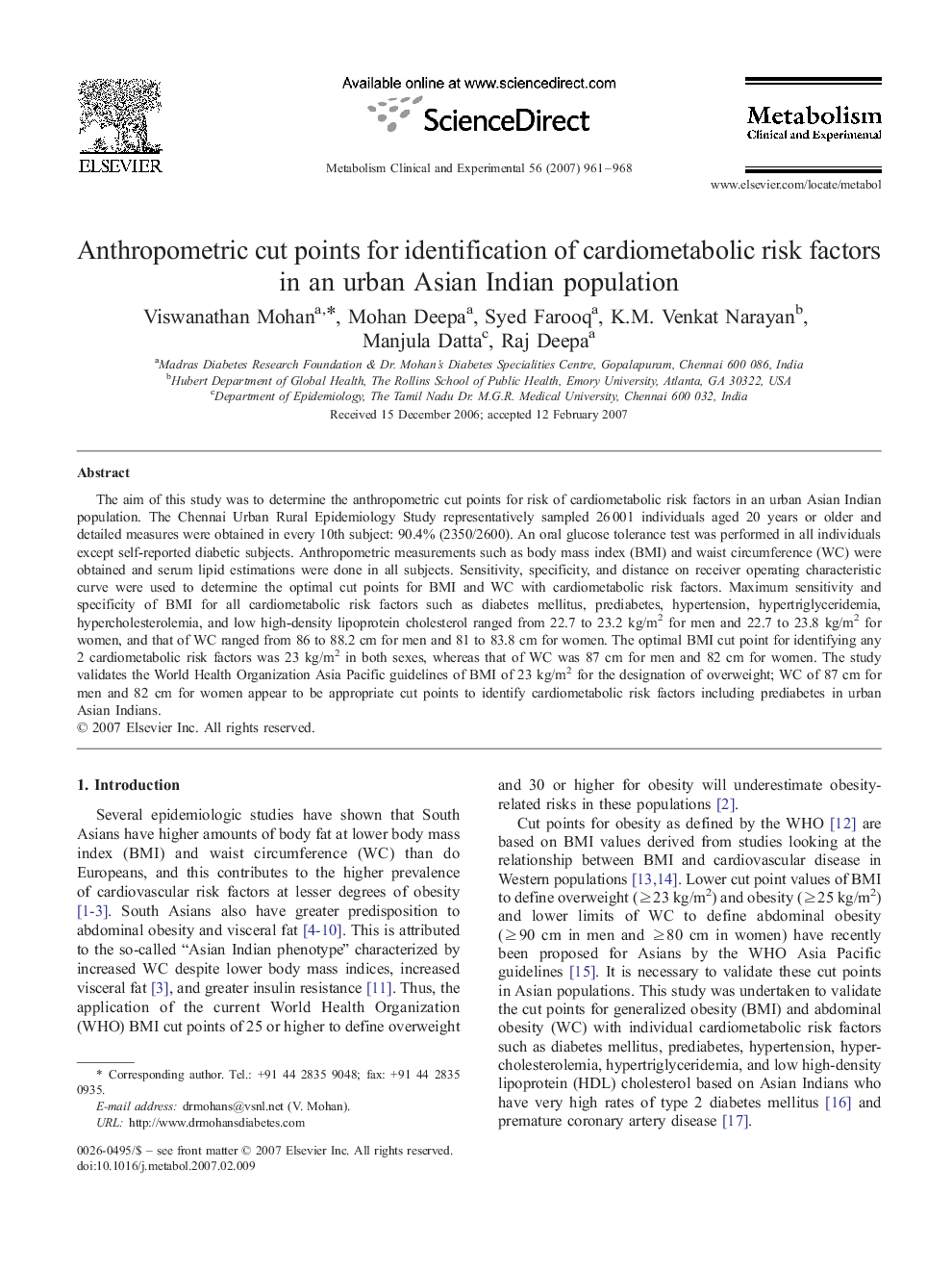 Anthropometric cut points for identification of cardiometabolic risk factors in an urban Asian Indian population