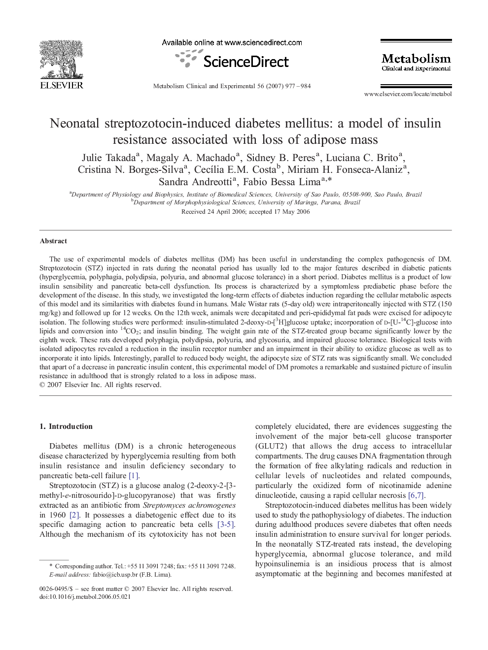 عکس صفحه اول مقاله: Neonatal streptozotocin-induced diabetes mellitus: a model of insulin resistance associated with loss of adipose mass Neonatal streptozotocin-induced diabetes mellitus: a model of insulin resistance associated with loss of adipose mass