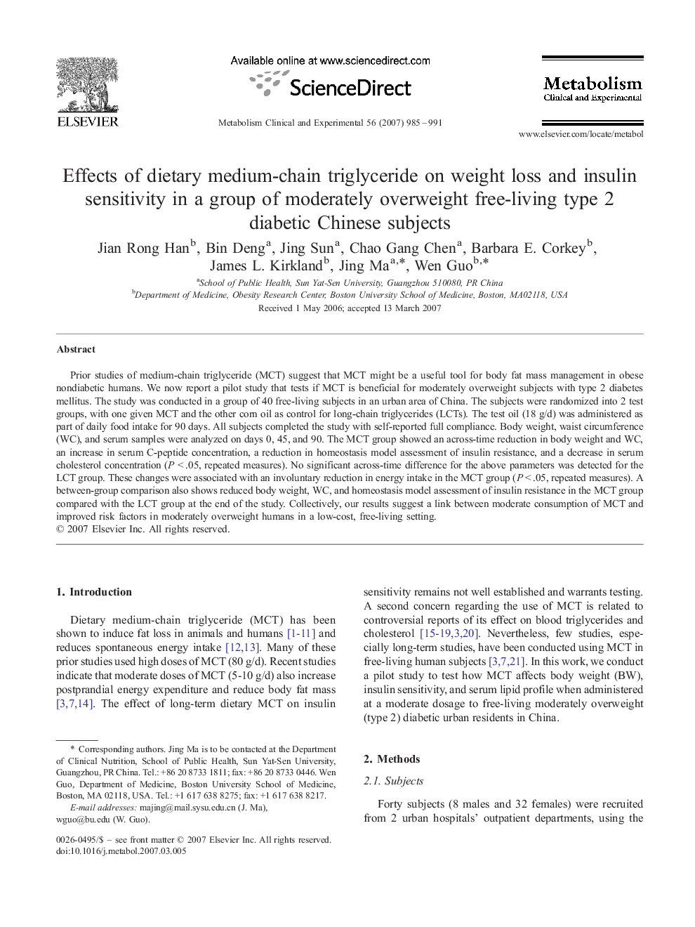 Effects of dietary medium-chain triglyceride on weight loss and insulin sensitivity in a group of moderately overweight free-living type 2 diabetic Chinese subjects