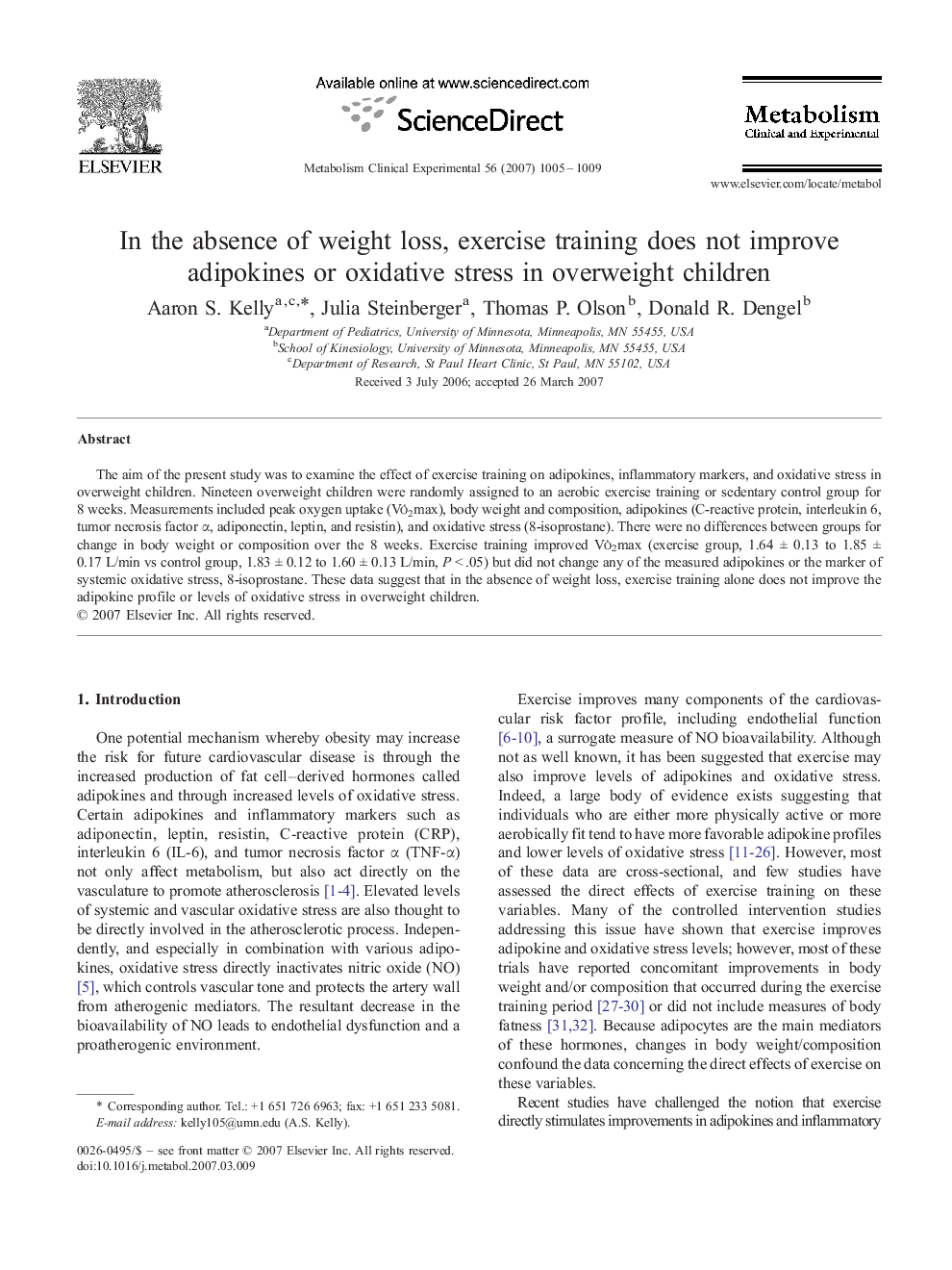 عکس صفحه اول مقاله: In the absence of weight loss, exercise training does not improve adipokines or oxidative stress in overweight children In the absence of weight loss, exercise training does not improve adipokines or oxidative stress in overweight children