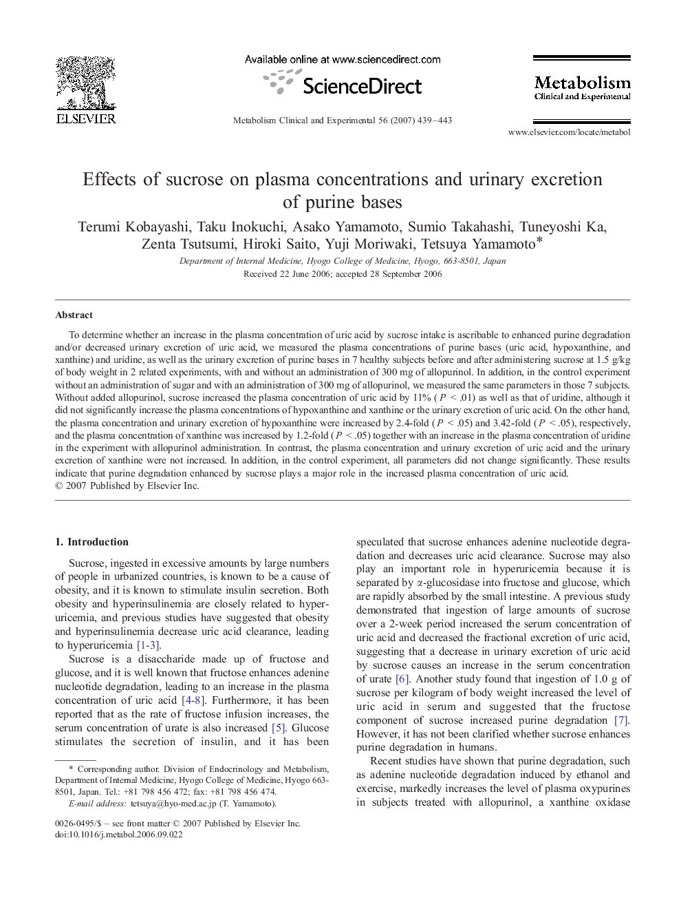Effects of sucrose on plasma concentrations and urinary excretion of purine bases