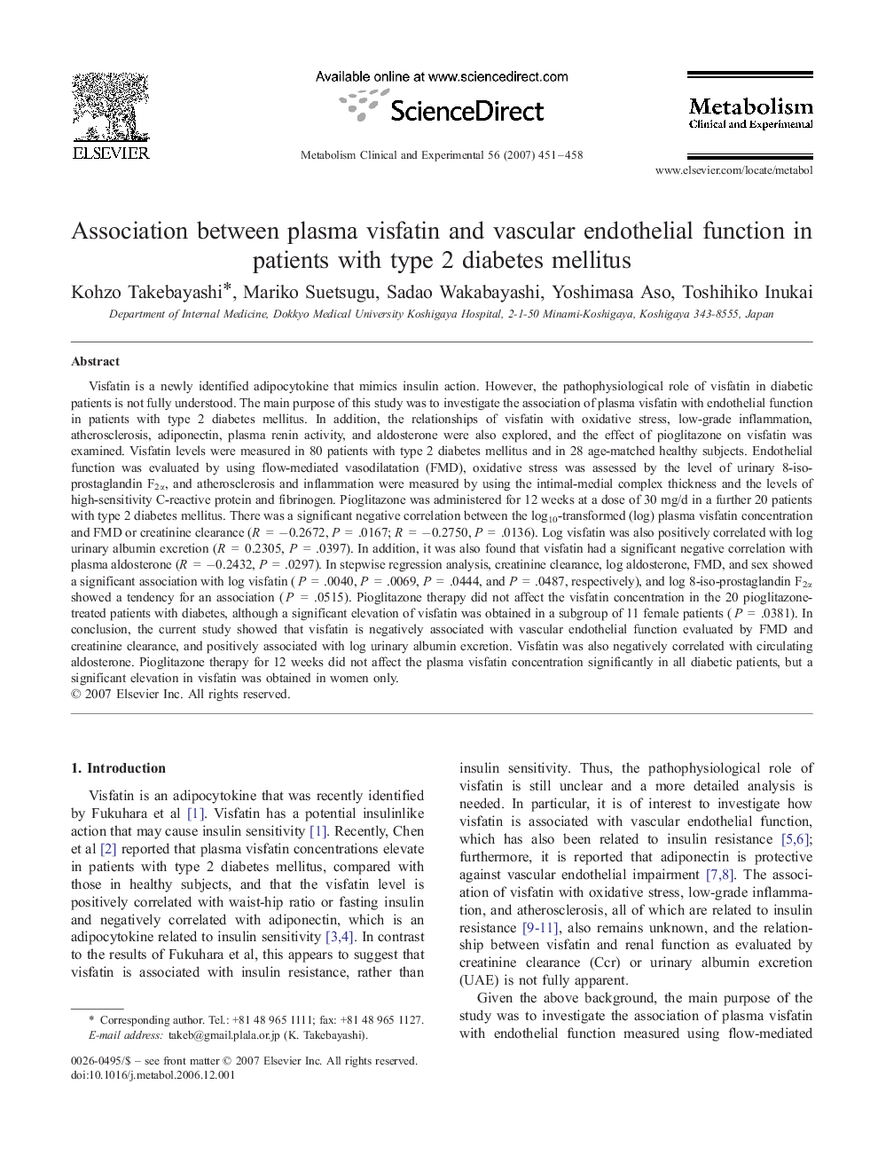Association between plasma visfatin and vascular endothelial function in patients with type 2 diabetes mellitus