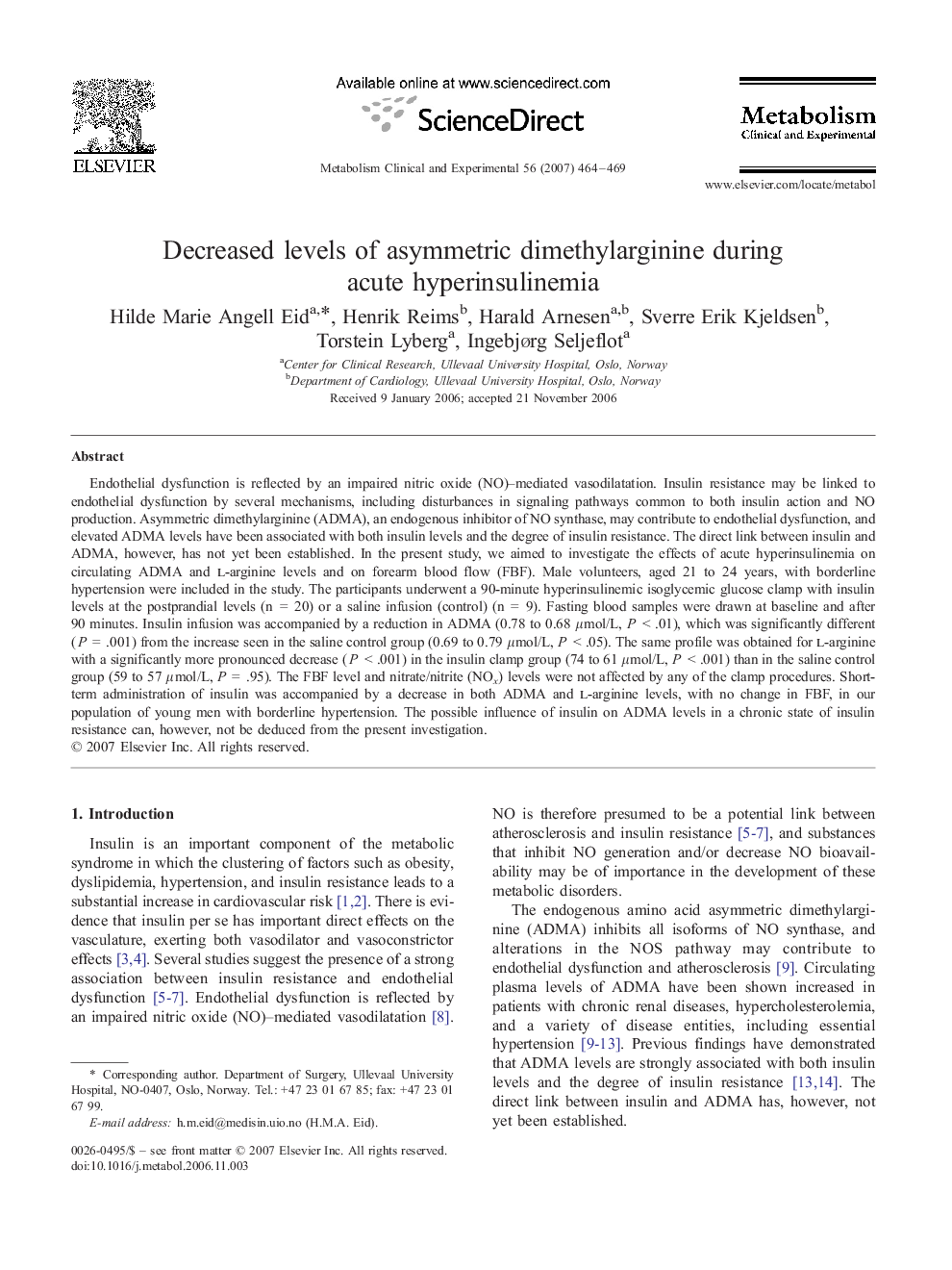 Decreased levels of asymmetric dimethylarginine during acute hyperinsulinemia