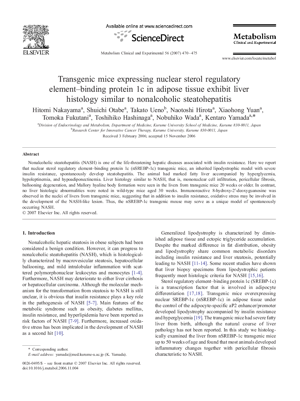 Transgenic mice expressing nuclear sterol regulatory element–binding protein 1c in adipose tissue exhibit liver histology similar to nonalcoholic steatohepatitis