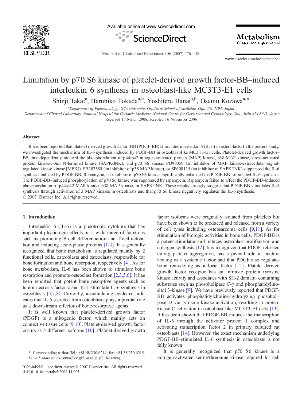 Limitation by p70 S6 kinase of platelet-derived growth factor-BB–induced interleukin 6 synthesis in osteoblast-like MC3T3-E1 cells
