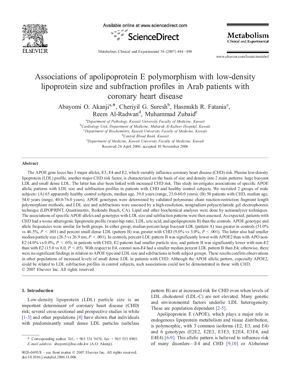 Associations of apolipoprotein E polymorphism with low-density lipoprotein size and subfraction profiles in Arab patients with coronary heart disease