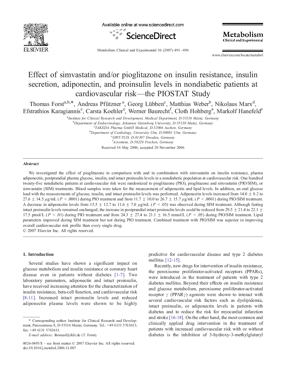 Effect of simvastatin and/or pioglitazone on insulin resistance, insulin secretion, adiponectin, and proinsulin levels in nondiabetic patients at cardiovascular risk—the PIOSTAT Study