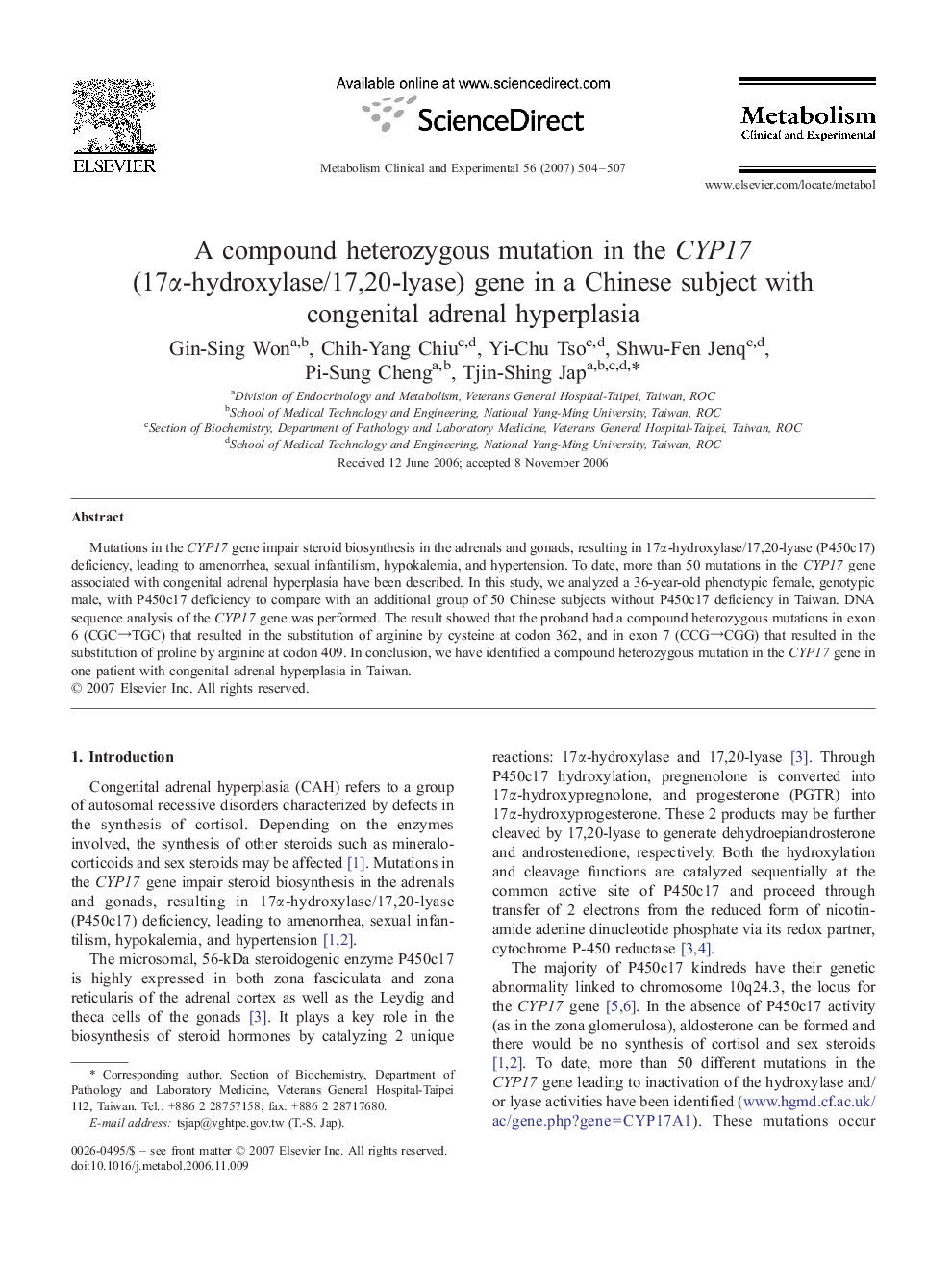 A compound heterozygous mutation in the CYP17 (17α-hydroxylase/17,20-lyase) gene in a Chinese subject with congenital adrenal hyperplasia