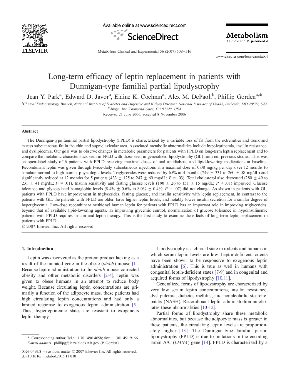 Long-term efficacy of leptin replacement in patients with Dunnigan-type familial partial lipodystrophy