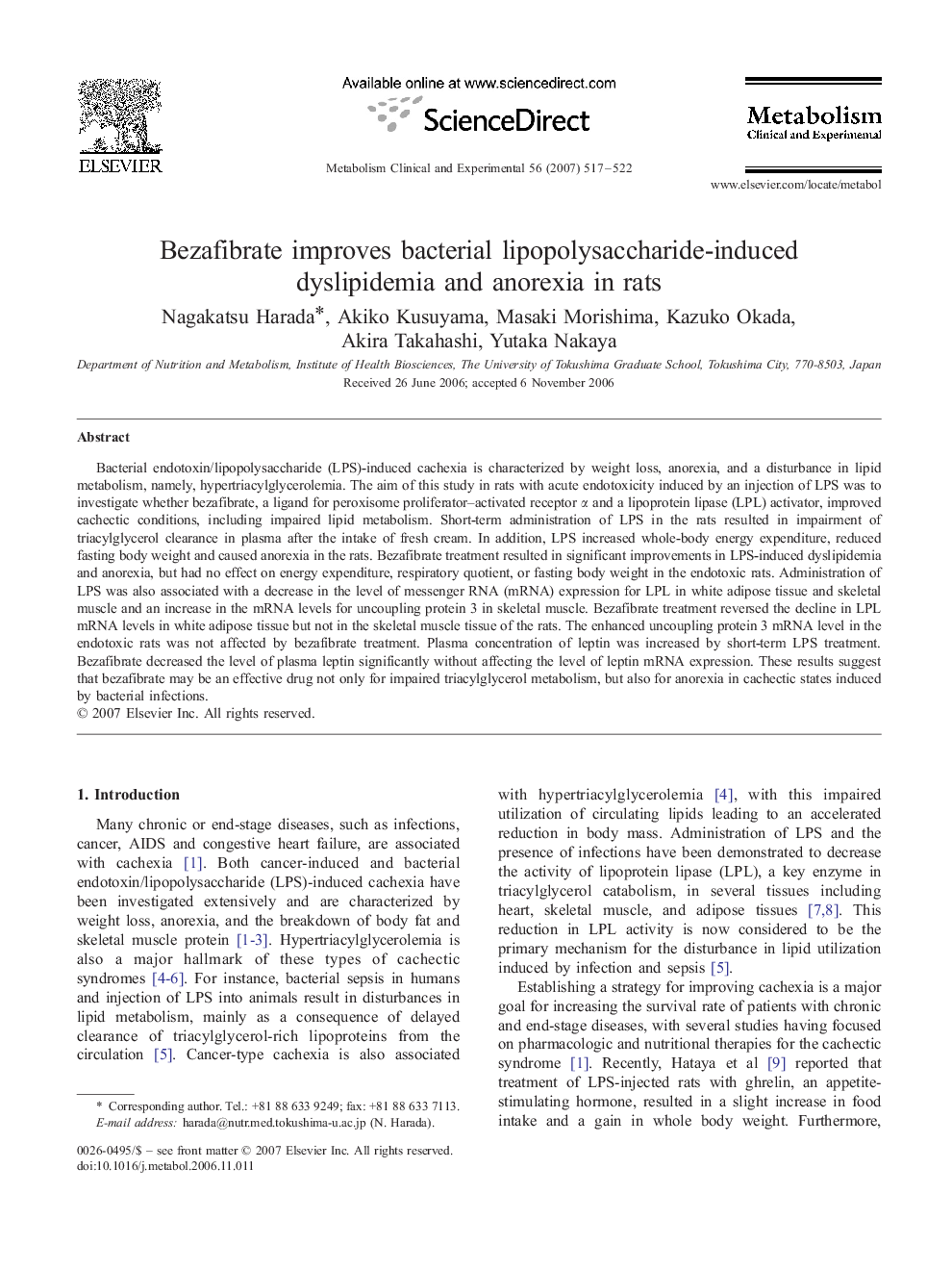 Bezafibrate improves bacterial lipopolysaccharide-induced dyslipidemia and anorexia in rats