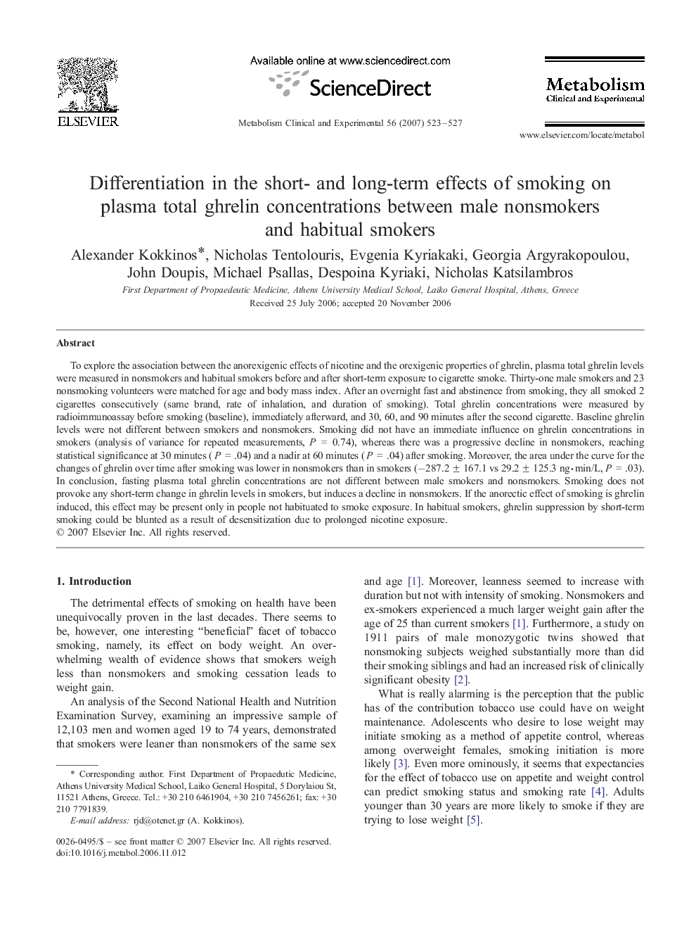Differentiation in the short- and long-term effects of smoking on plasma total ghrelin concentrations between male nonsmokers and habitual smokers