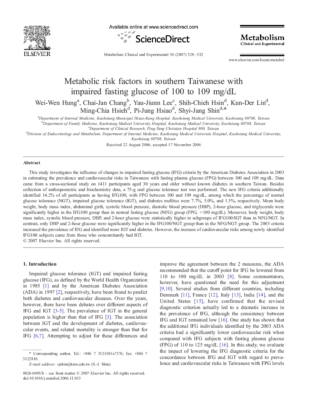 Metabolic risk factors in southern Taiwanese with impaired fasting glucose of 100 to 109 mg/dL