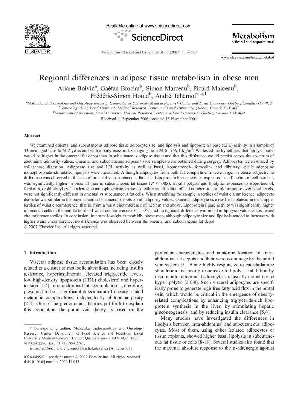 Regional differences in adipose tissue metabolism in obese men