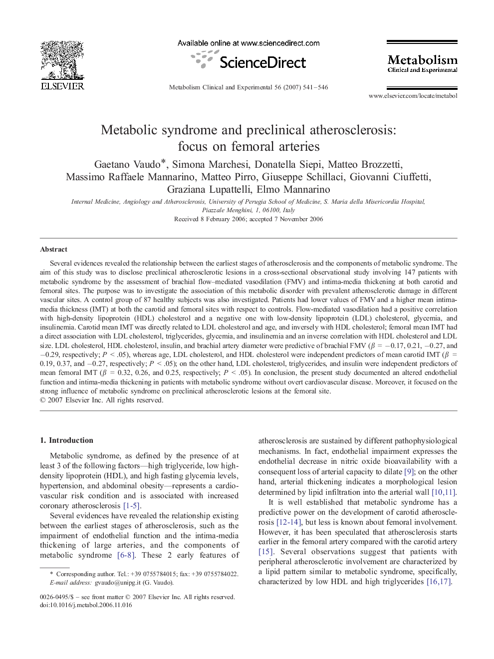 Metabolic syndrome and preclinical atherosclerosis: focus on femoral arteries