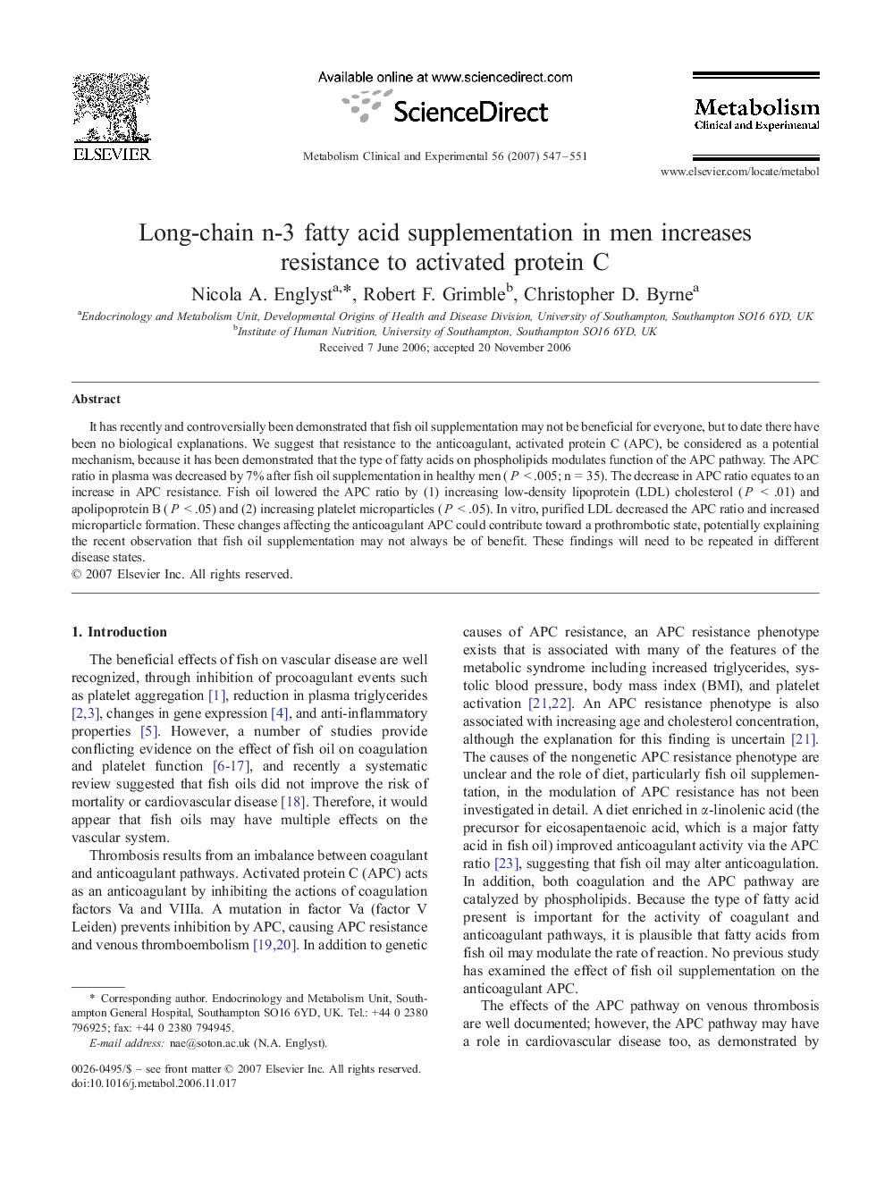 Long-chain n-3 fatty acid supplementation in men increases resistance to activated protein C