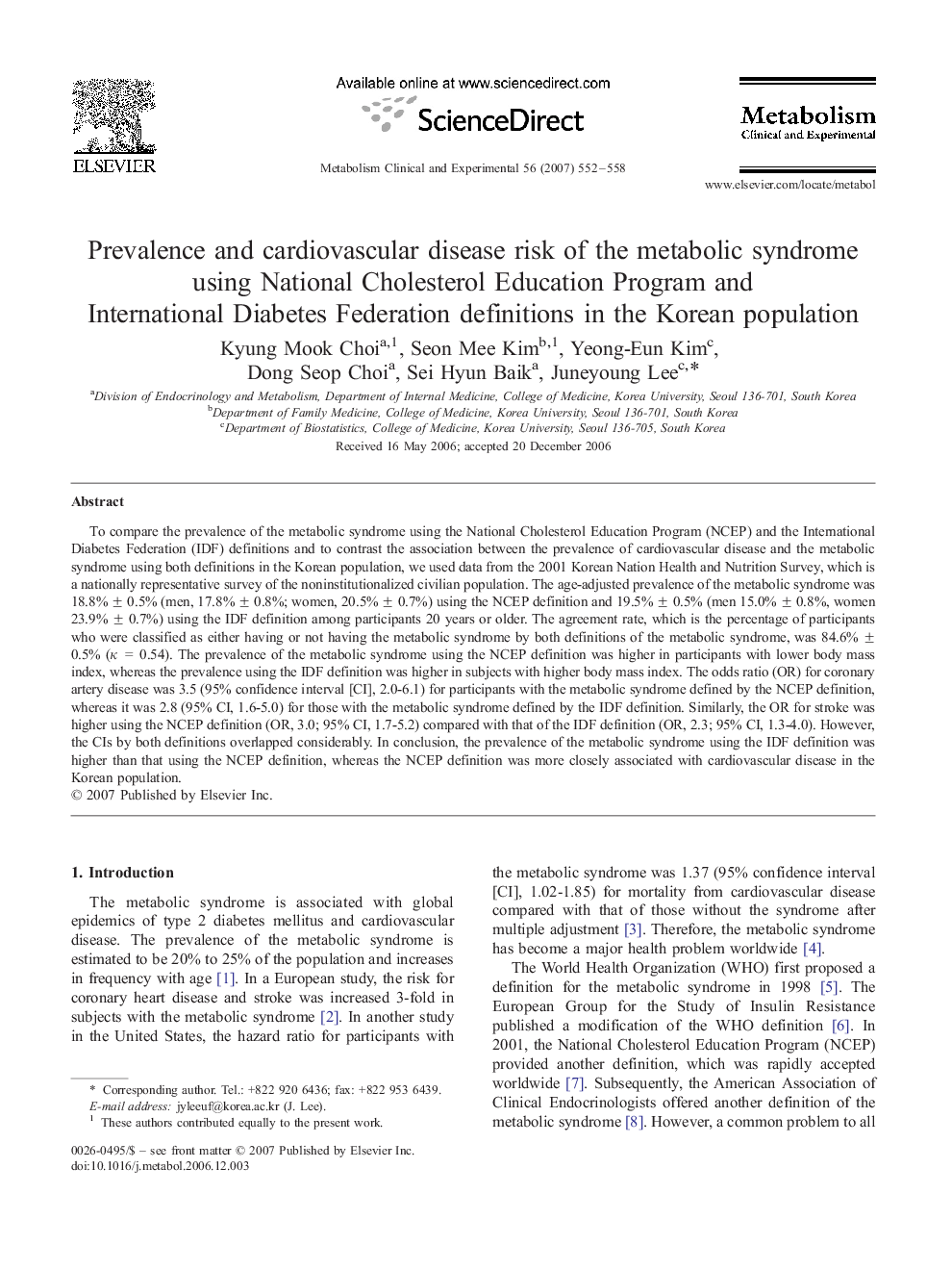 Prevalence and cardiovascular disease risk of the metabolic syndrome using National Cholesterol Education Program and International Diabetes Federation definitions in the Korean population