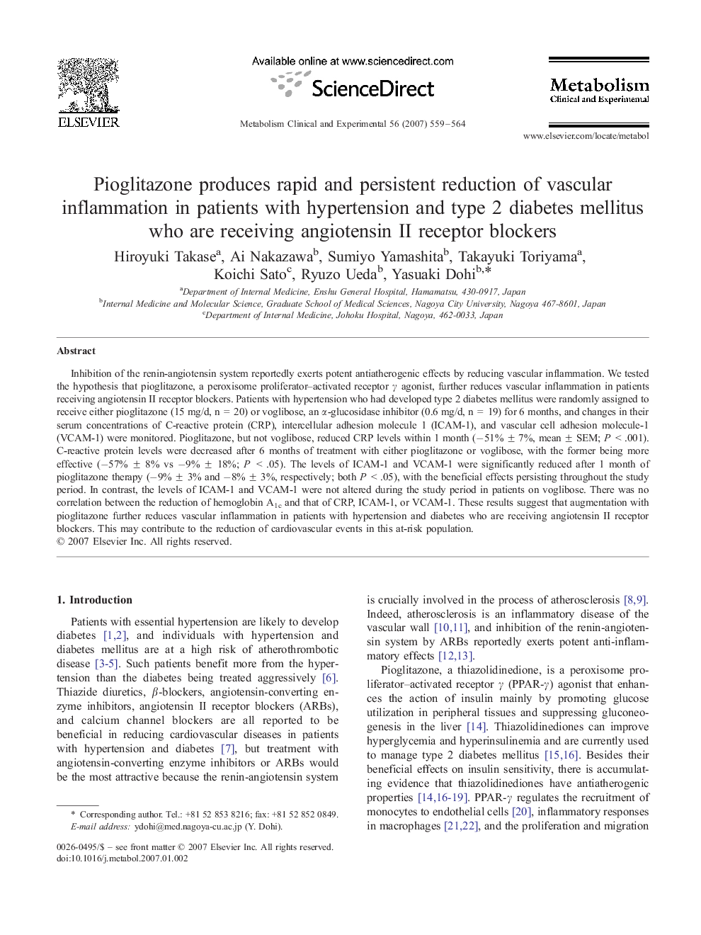 Pioglitazone produces rapid and persistent reduction of vascular inflammation in patients with hypertension and type 2 diabetes mellitus who are receiving angiotensin II receptor blockers