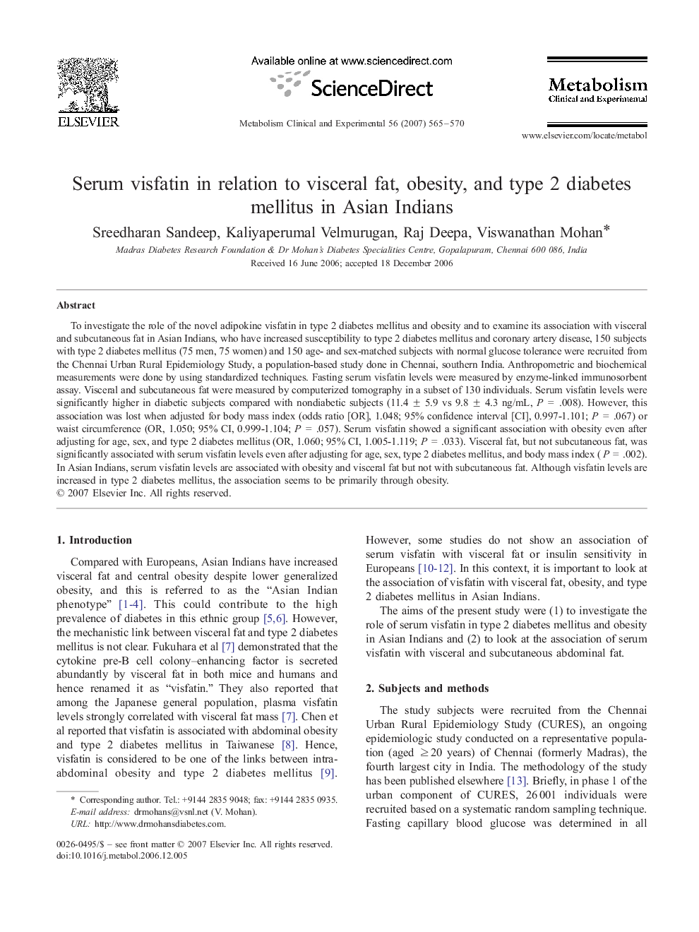 Serum visfatin in relation to visceral fat, obesity, and type 2 diabetes mellitus in Asian Indians