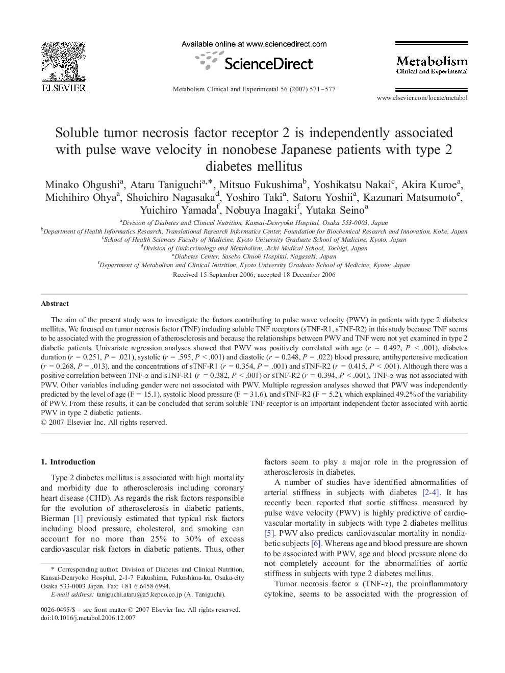 Soluble tumor necrosis factor receptor 2 is independently associated with pulse wave velocity in nonobese Japanese patients with type 2 diabetes mellitus