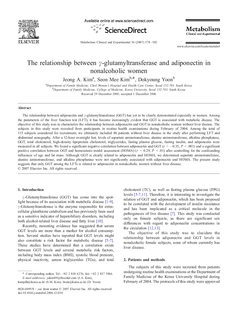 The relationship between Î³-glutamyltransferase and adiponectin in nonalcoholic women